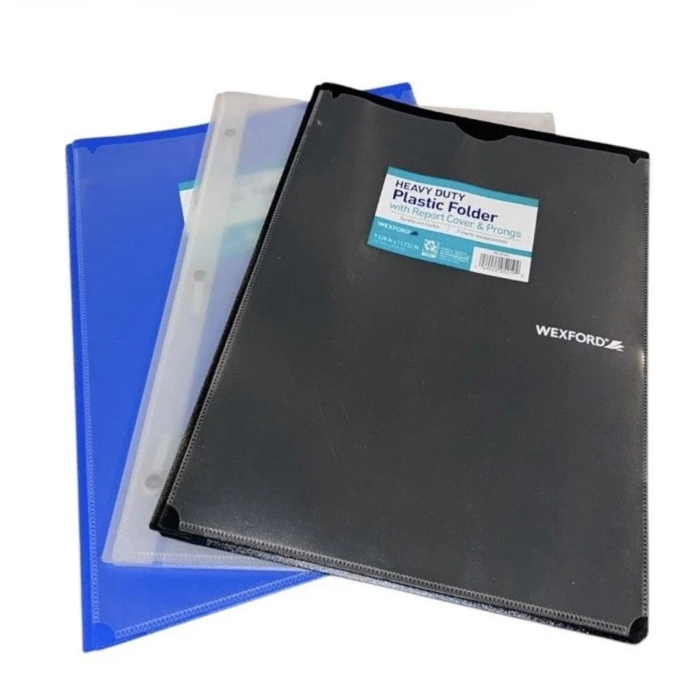 3x Wexford Heavy Duty 2 Pocket Plastic Folders w/ Report Cover & Prongs 9.5x11